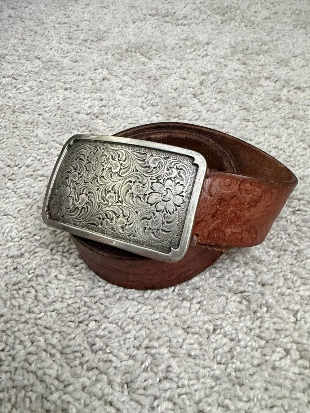 Fossil Tooled Leather Western Belt Brown Floral Engraved Silver Buckle - Medium